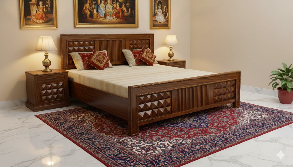 Premium Solid Wood King Size Bed with Hand-Carved Geometric Panels - Image 3
